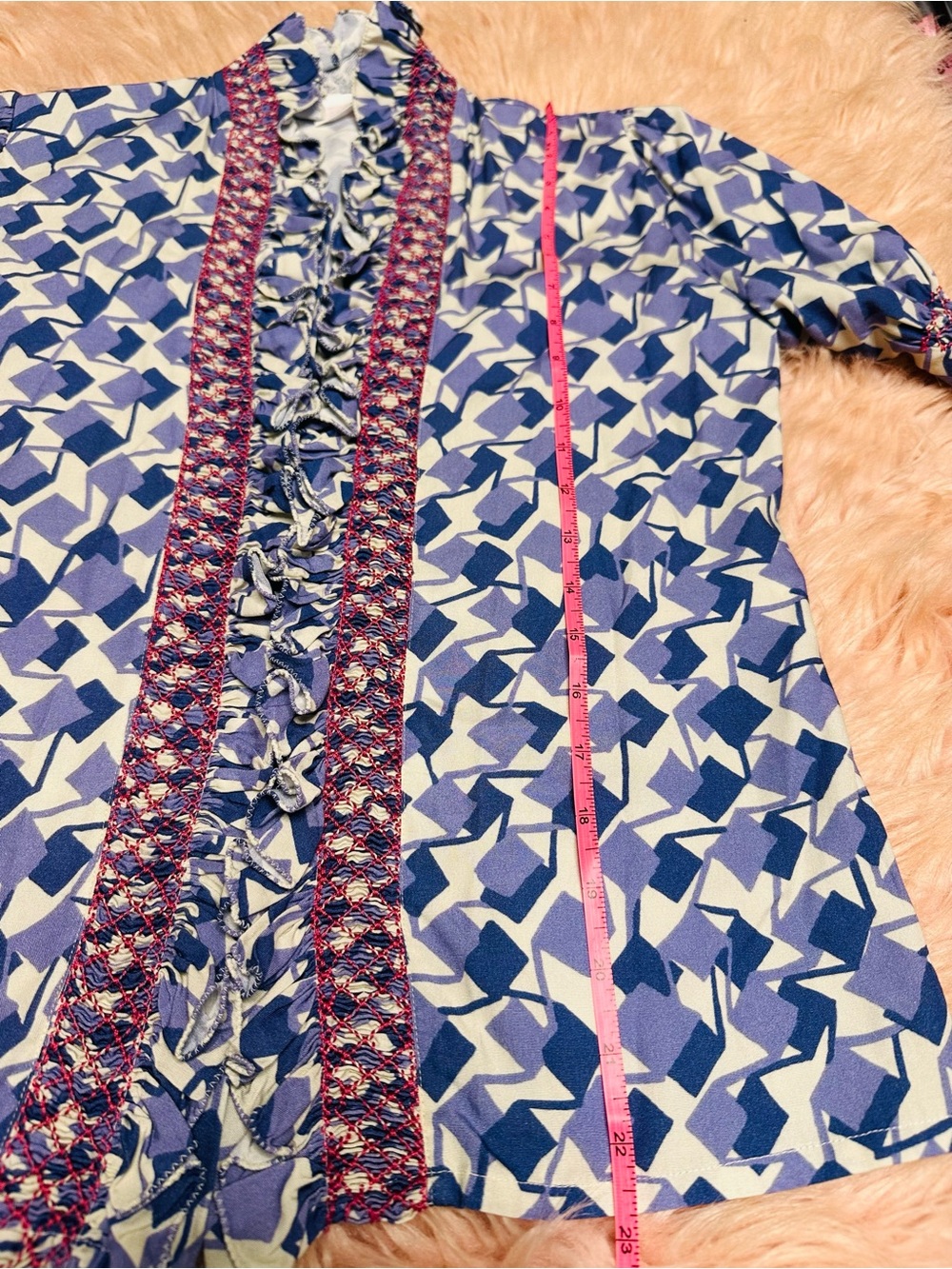 Blue Geometric Ruffle Collar Blouse - Picture 11 of 14
